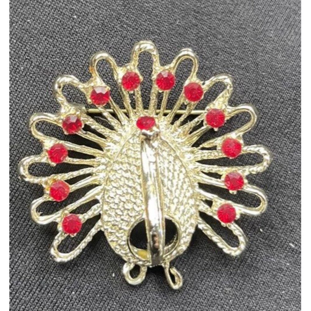 Peacock Brooch Vintage Gold Red Colored Rhinestones Crystals Pin 1.5”